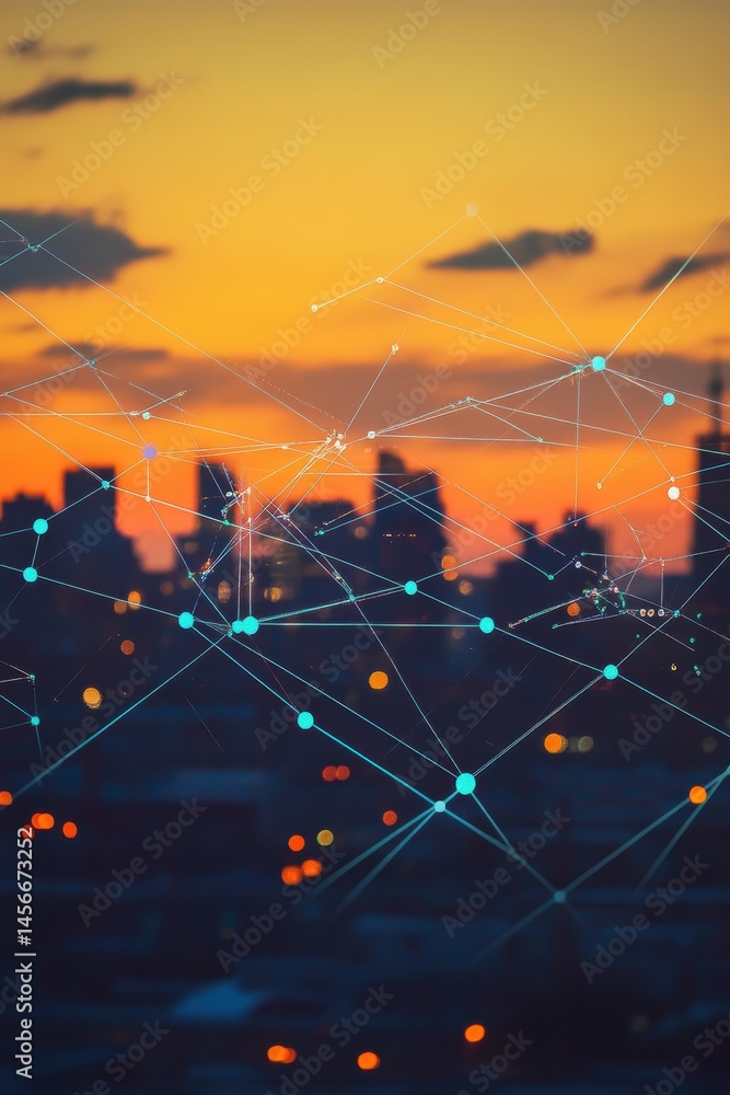 Poster abstract cityscape at sunset with network overlay digital connectivity and communication concept urb