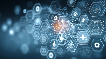 Background with abstract design incorporating medical symbols, scientific instruments, and technological components to represent healthcare innovation and research