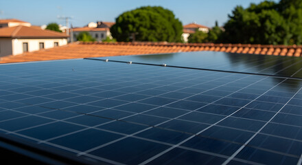 Blue Solar Panels On Rooftop With Residential Buildings In Soft Focus Background Featuring Clean Grid Pattern And Sunlight Reflections