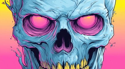 Colorful creepy skull with glowing pink eyes and yellow teeth on a vibrant gradient background.