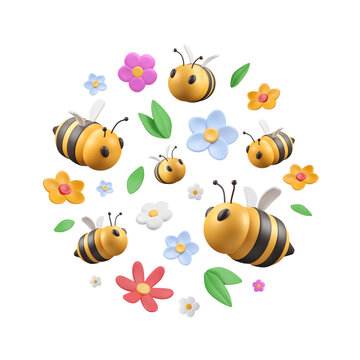 Circle with 3d bees, flowers buds and leaves. Round pattern with plasticine summer elements. Cartoon insects flying in abstract bloom. Vector illustration. Apiculture print, beekeeping label.