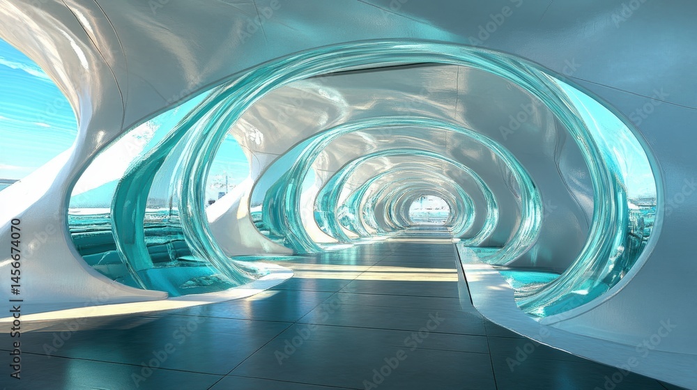 Poster abstract futuristic architecture interior perspective with turquoise accents and modern design eleme