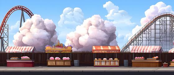 Pixel Art Amusement Park Scene With Roller Coaster And Food Stalls