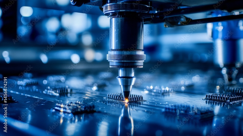 Poster a close-up of the laser etching process on a microchip circuit board illustrates the precision and i