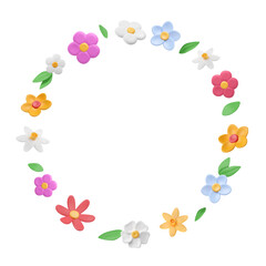 Frame with 3d flowers and leaves in plastic style. Cartoon summer elements. Garden print with copy space. Abstract floral pattern. Minimalist meadow banner, bloom print. Vector illustration.