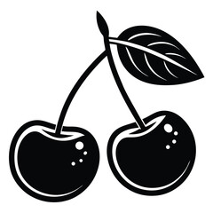 Minimalist Black Cherry Silhouette with Leaves in Simple Vector Style
