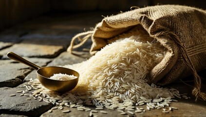 Flowing grains of rice spill from a burlap sack onto a rustic stone surface in soft, warm light during late afternoon