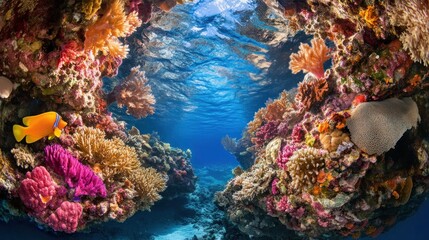 Vibrant coral reef teeming with life.  Sunlight streams through crystal-clear water