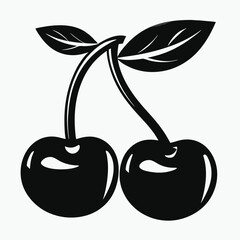 Minimalist Black Cherry Silhouette with Leaves in Simple Vector Style
