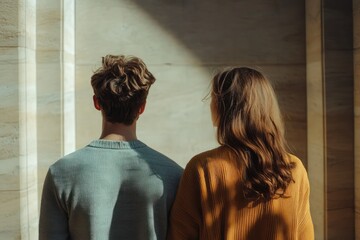 Man and woman stand back to back in conflict or distance
