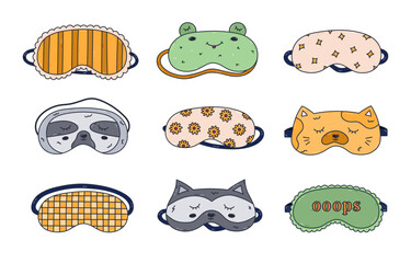 Cute colored doodle set with kids and feminine sleeping mask with frog, sloth, car face, star, sunflower, checkered pattern. Hand drawn eye mask for bedtime dreaming isolated on white background.