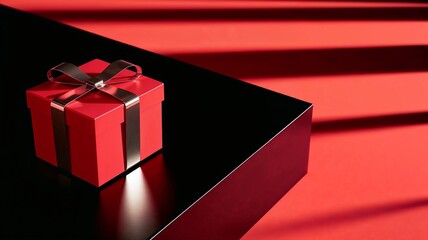 Red gift box with a ribbon on a wooden surface, warm lighting, cozy atmosphere, focus on the box