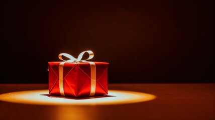 Red gift box with gold satin bow on dark background, illuminated in a circle of light