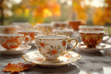 Fototapeta premium Elegant teacups with floral patterns, set against a blurred autumnal background.
