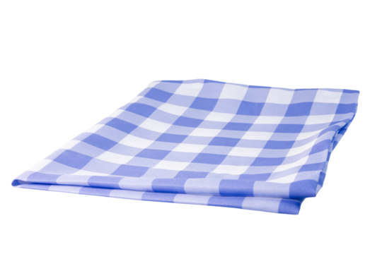 Blank placemat, folded in a light blue and white plaid pattern on transparent background