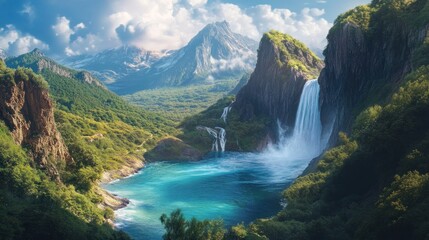 Majestic mountain valley with turquoise lake and cascading waterfalls. Lush greenery surrounds a serene alpine scene