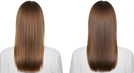 Two women showcase their straight, shiny, brown hair, perfect for beauty or hair care advertising.