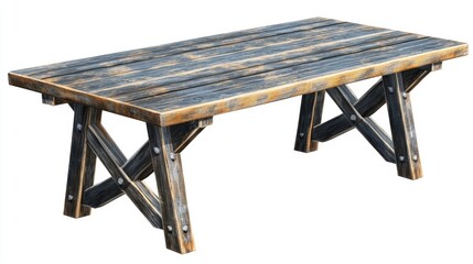 Rustic Wooden Table Isolated on White Background Eye Level Shot Furniture Design and Construction with X Shaped Legs and Metal Rivets