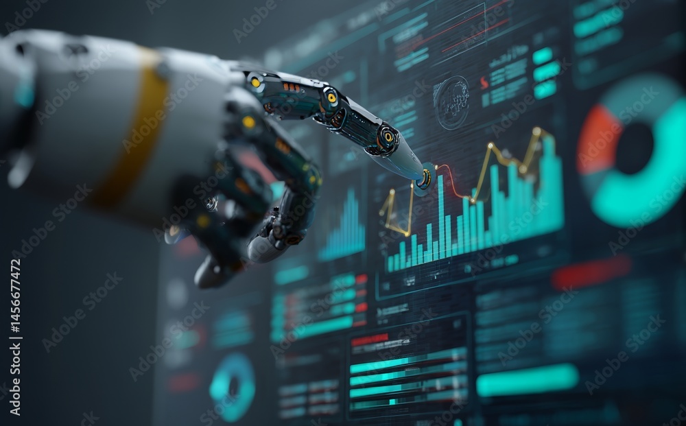 Poster a technology concept photo shows a robotic finger pointing to digital data charts, highlighting the 