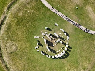 Overhead birds eye drone aerial view  Stonehenge prehistoric structure on Sainsbury plain UK