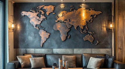 Rustic world map decor in a lounge area