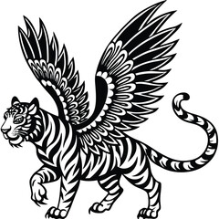 Fantasy Winged Tiger Illustration – Mythical Flying Beast Tattoo Design