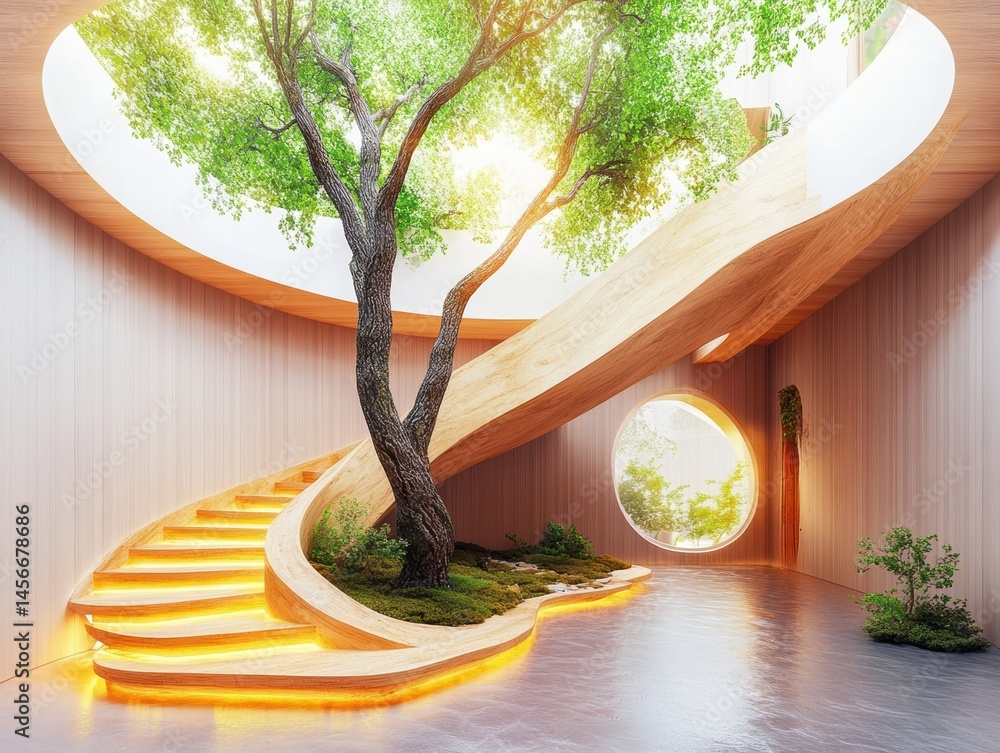 Poster modern interior design featuring a tree growing through a circular opening with illuminated wooden s