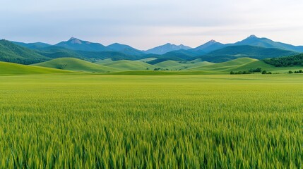 Fototapeta premium Wide green field with rolling hills and distant blue mountains under a cloudy sky, capturing serene and natural beauty.