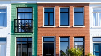 Obraz premium Colorful row houses with varied facades, featuring black-framed windows, doors, and a central balcony with plants
