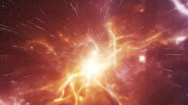 A mesmerizing cosmic burst depicting a vivid supernova explosion. Bright pink, orange, and red energy trails radiate outward, illuminating the night sky filled with stars. A dynamic, high-contrast cel