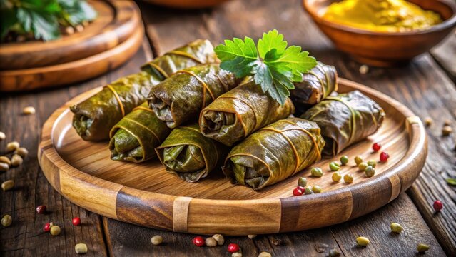 Aromatic dolma wrapped in grape leaves with a golden brown rice and meat filling, served on a traditional Turkish wooden platter, grape leaves, dolma