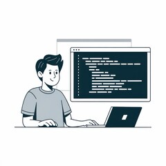 Man Coding on Laptop with Code on Screen - Software Development, Programming, and Technology Illustration