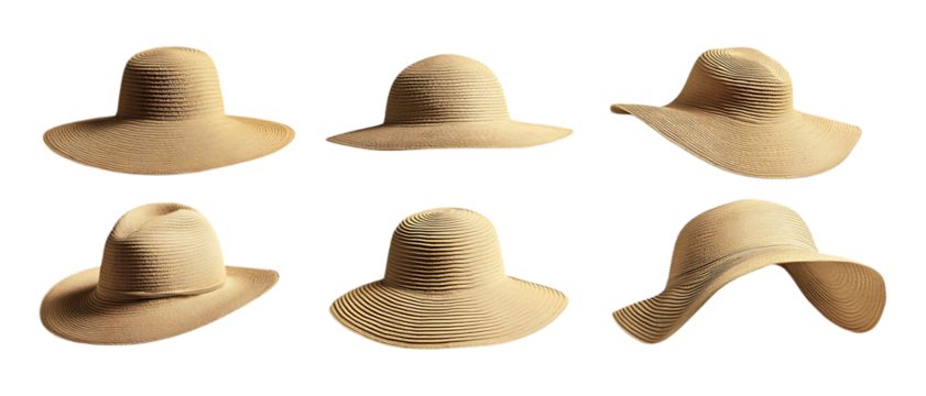 Collection Pack of Beige Straw Hats Multiple Angles  Views set against transparent background