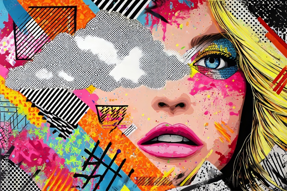 Poster vibrant pink background featuring a lady's abstract portrait with geometric patterns and clouds in a
