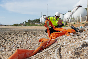 An environmental engineer inspects coastal waste, holding an orange tarp and using a digital tablet to record data near an industrial area with spherical storage tanks in the background
