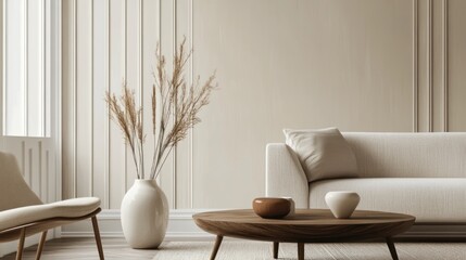 Neutral, minimalist living room with natural elements