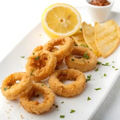 Crispy Fried Calamari Rings with Lemon Wedge – Isolated on White Background

