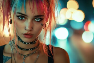 Young woman with cyberpunk-inspired look and colorful hair standing downtown, subcultural identity and street aesthetic in focus
