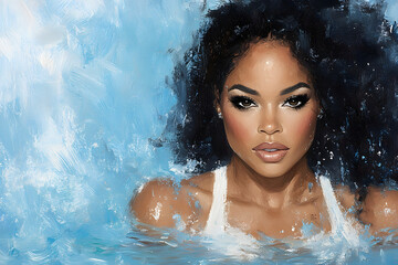 Woman in water with curly hair,concept feminine power,beauty identity,beauty,self-expression,modern female strength,feminine beauty ideal,empowered woman image,digital art aesthetics in advertising