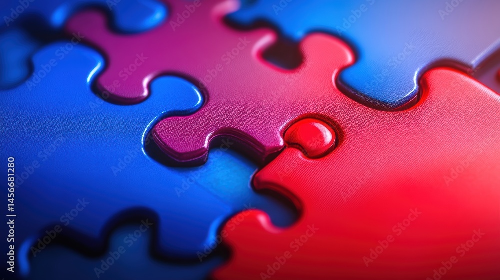 Poster close up of red and blue jigsaw puzzle pieces interlocking macro shot illustrating teamwork and prob
