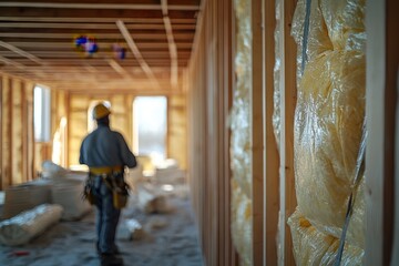 tradesman in safety harness and hard hat applying insulation material, indoor attic space under renovation, craftsmanship, manual skills in residential construction industry, efficient resource use