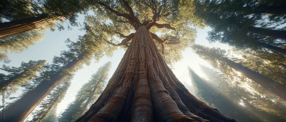Poster majestic sequoia trees reaching for the sky in forest grove low angle view with sunlight filtering t