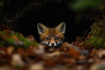 Fototapeta premium A curious red fox kit peeks from its den, nestled amongst autumn leaves and moss.