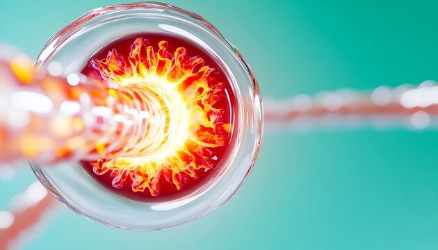 Microscopic view of a glowing, fiery substance flowing through a transparent tube, set against a teal background