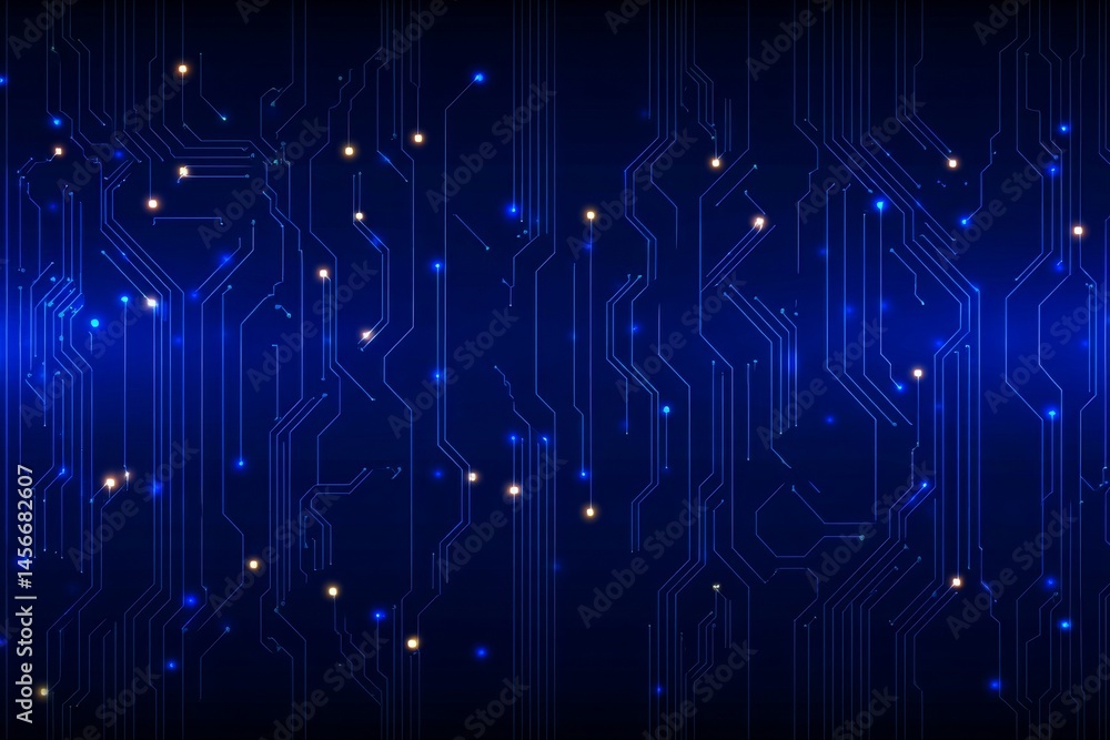 Aufkleber the background features an abstract technological border set against a gradient blue, with a composi