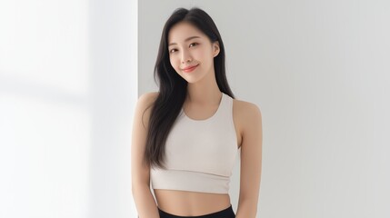 Young Asian woman posing in a cropped top with long hair in a brightly lit indoor space during daytime.