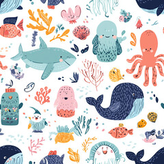 Fototapeta premium Colorful cartoon ocean creatures in seamless pattern