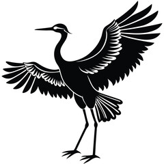 Silhouette of Crane Bird with Wings Spread – Elegant Black Vector Art