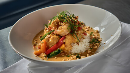 Crispy Chicken and Shrimp Tossed in Spicy Thai Sauce with Fresh Vegetables and Rice Garnished with Peanuts