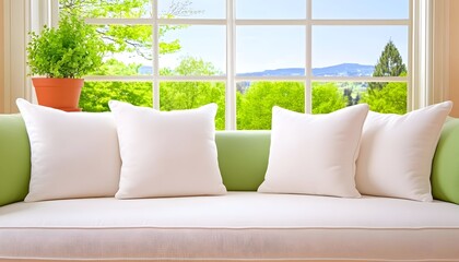 Serene window seat with cushions, showcasing a bright, leafy landscape beyond